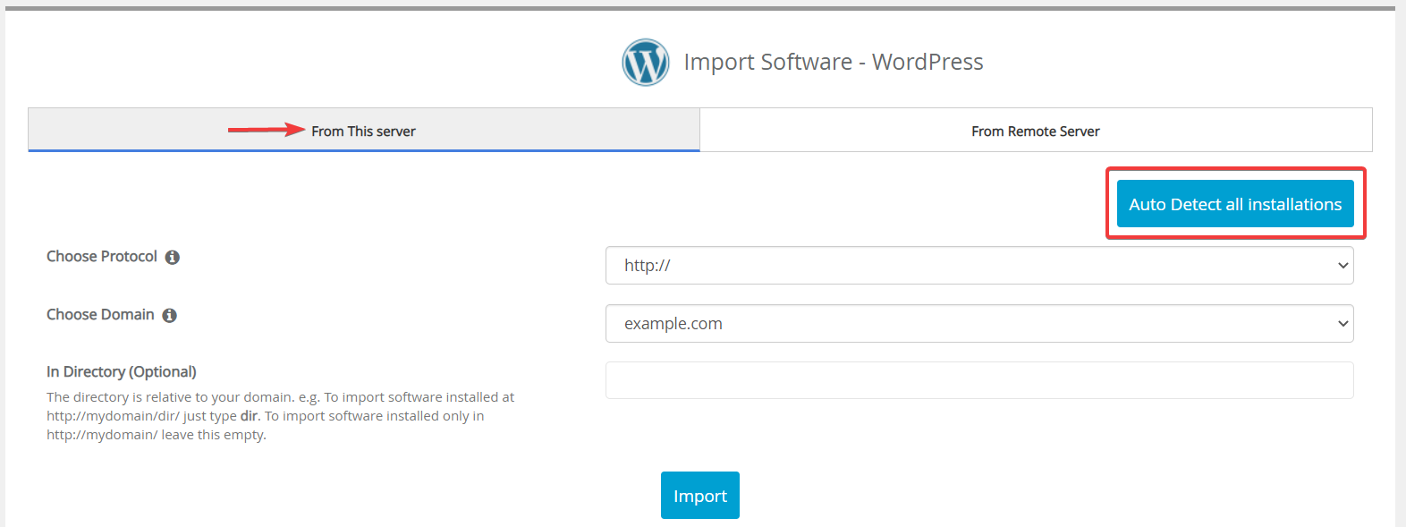 Softaculous WordPress Import
