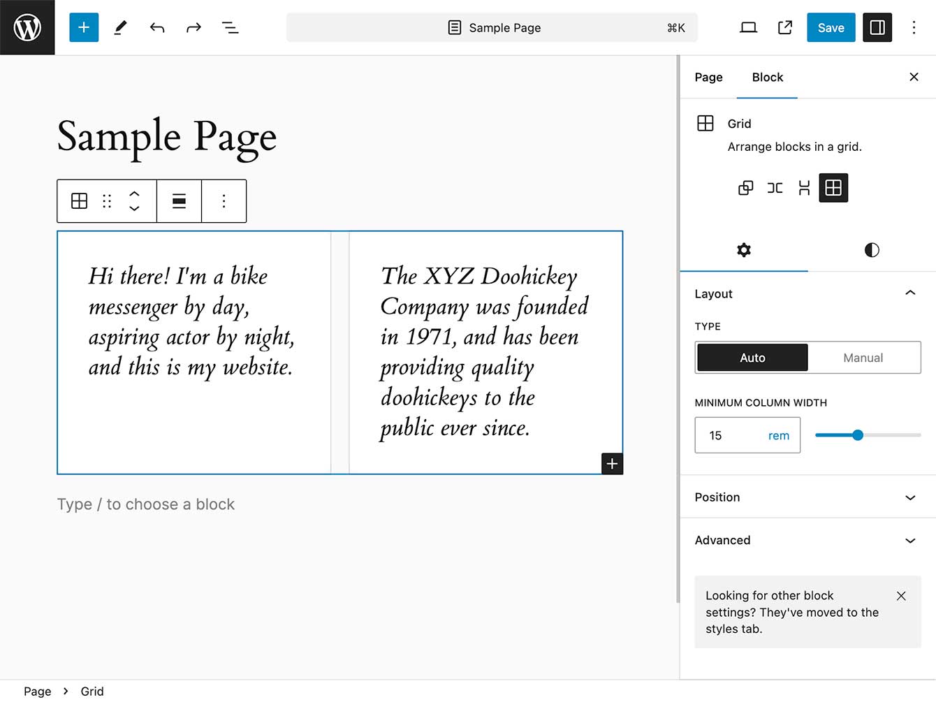 Screenshot of the new Grid block in WordPress 6.6