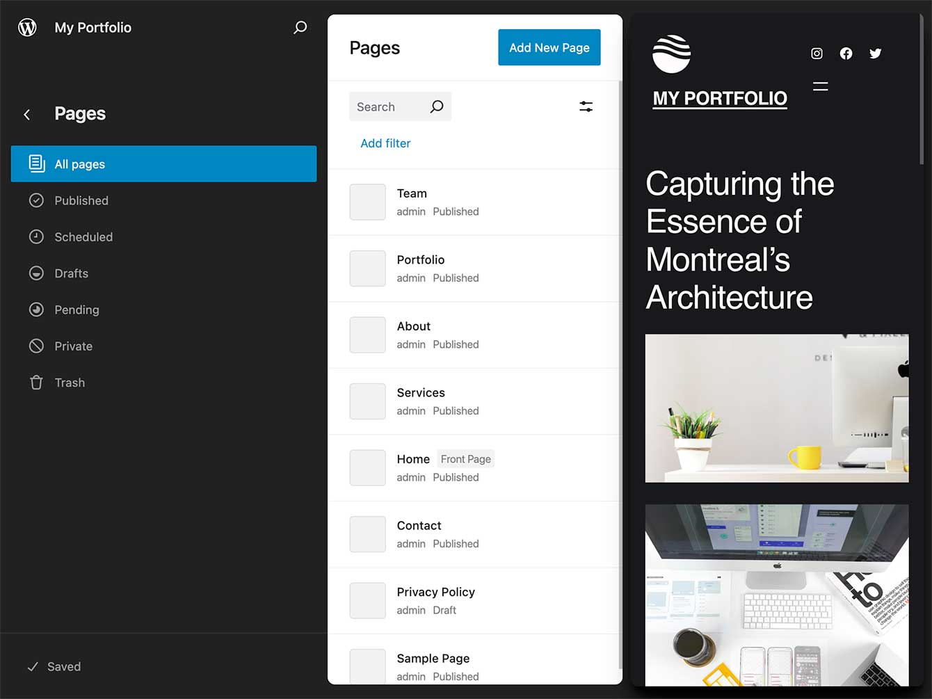 Screenshot of the new preview pages section in WordPress 6.6.