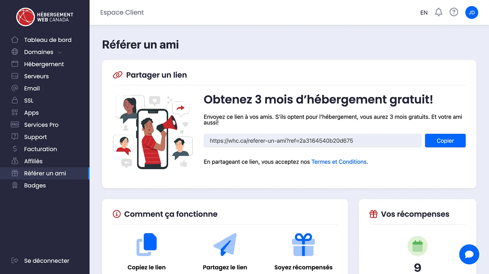 Interface Référer un ami