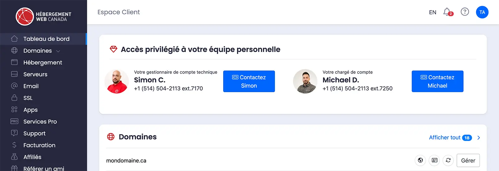 Accès privilégié à votre équipe personnelle depuis le nouvel Espace Client