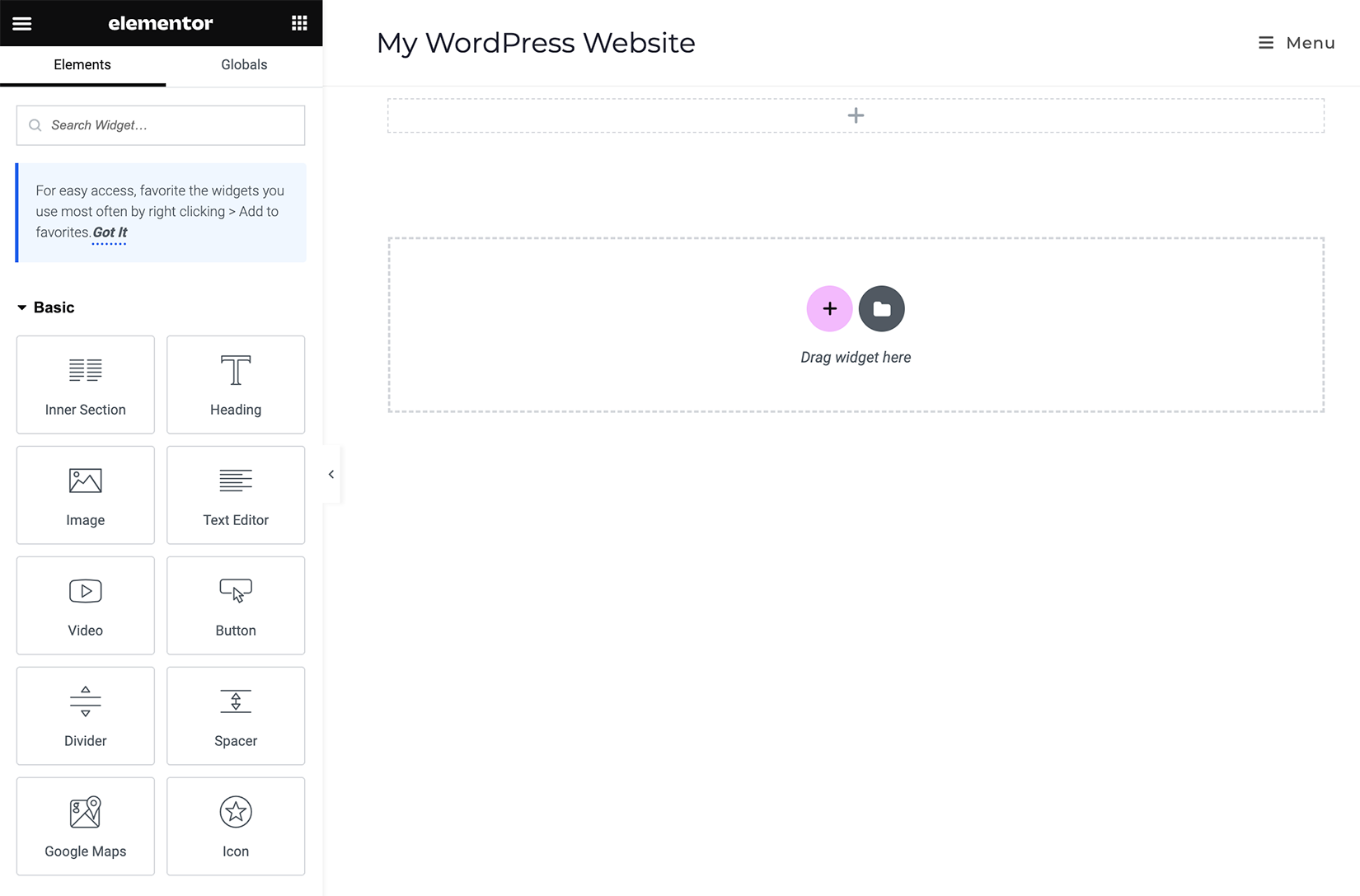 Screenshot of the Elementor interface where the user can insert a block