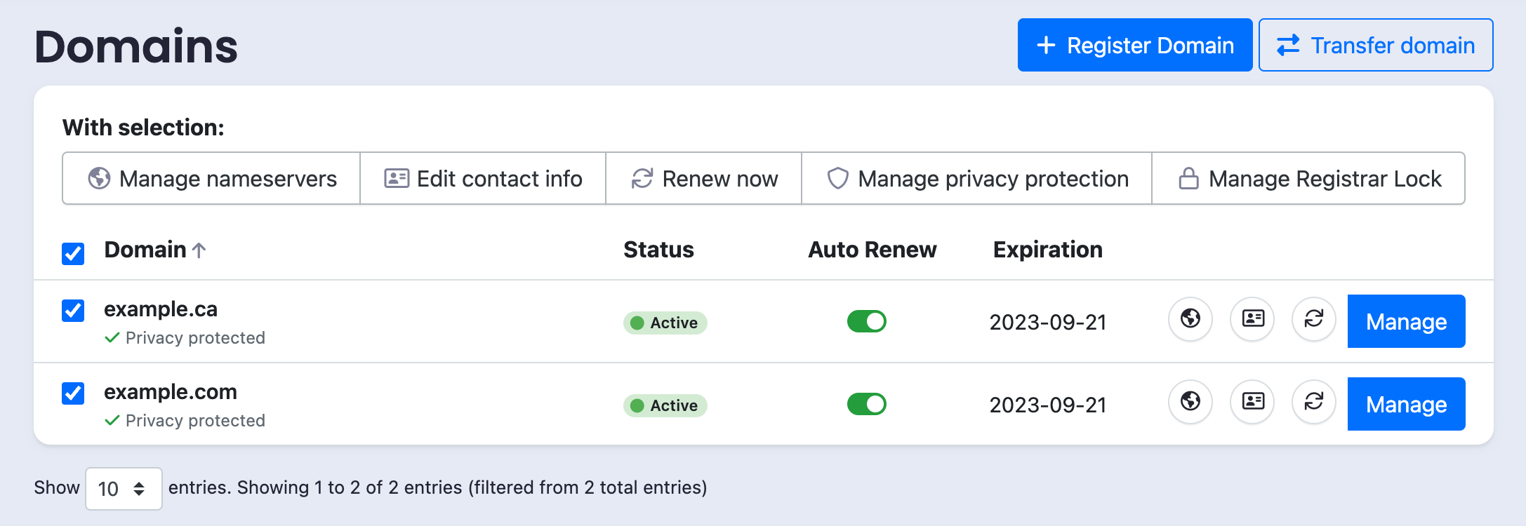 New Client Area bulk actions