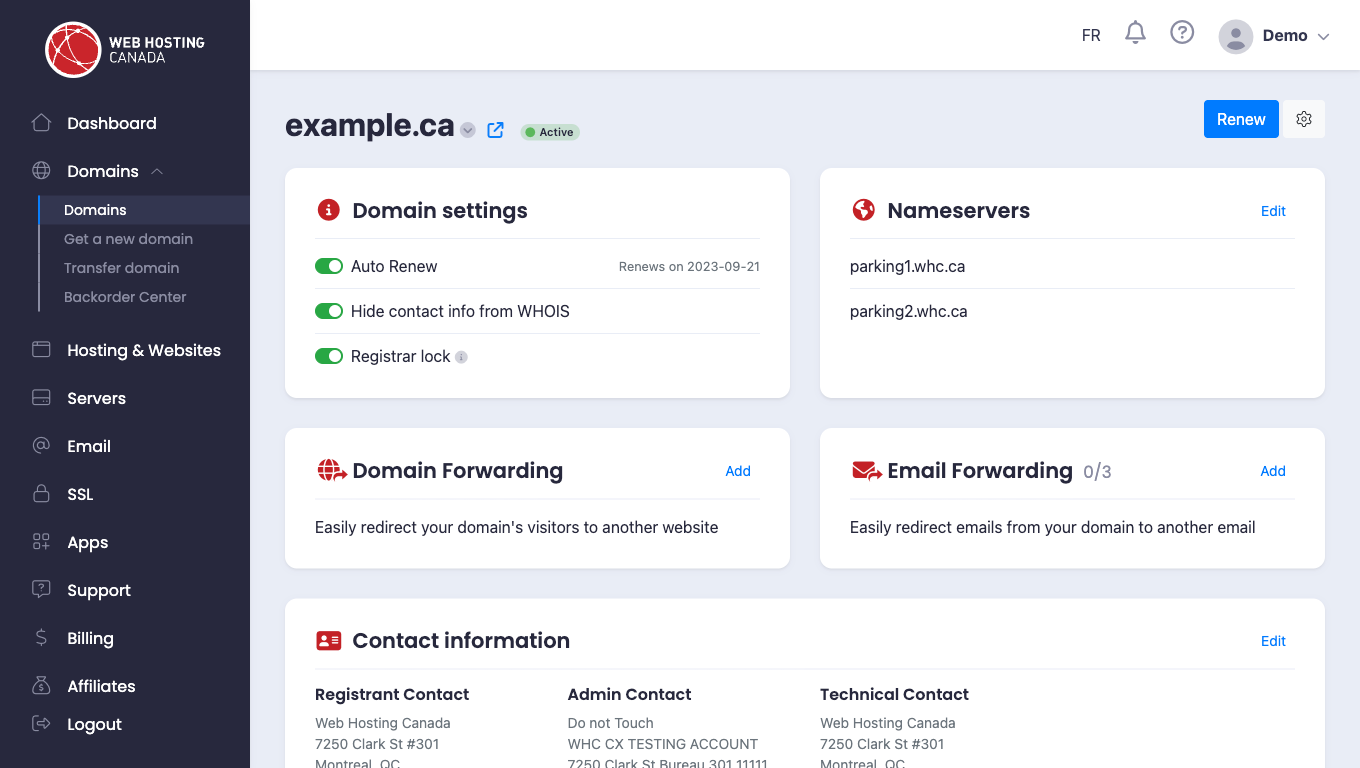 New Client Area domain interface