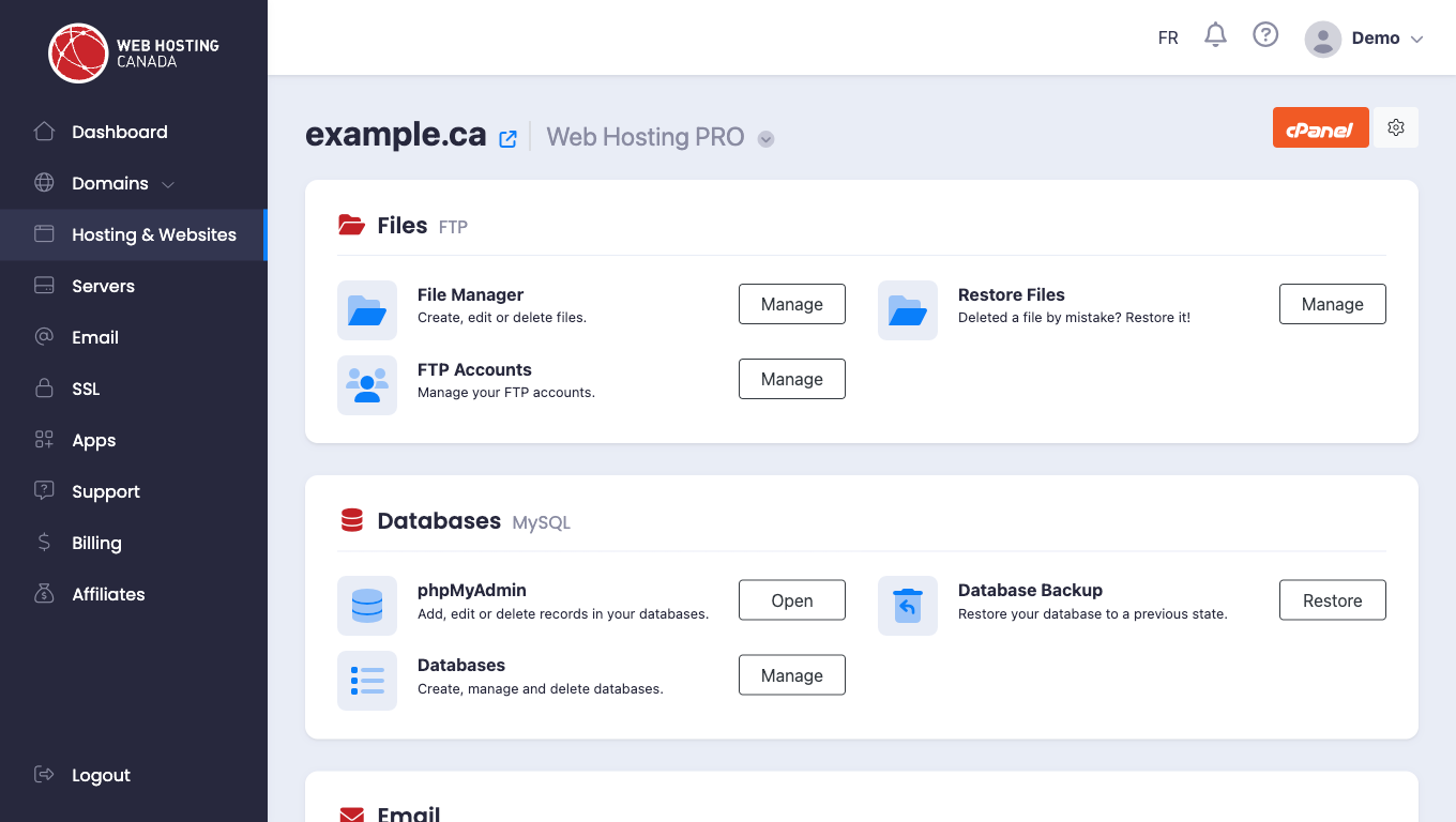 New Client Area hosting interface