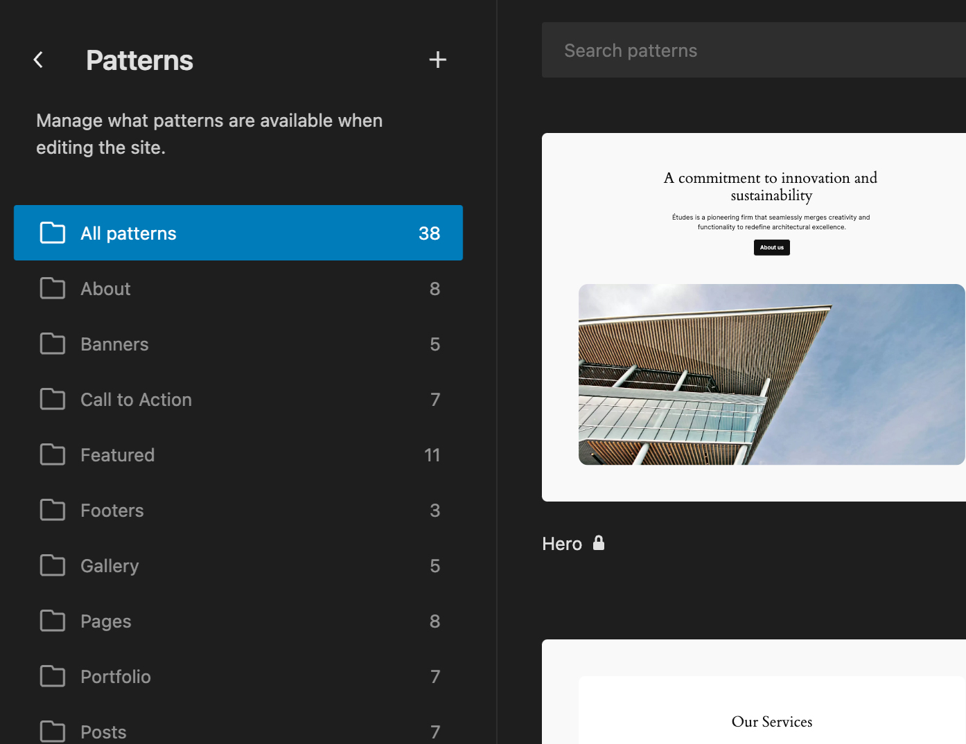 Screenshot of the Site Editor's patterns in WordPress