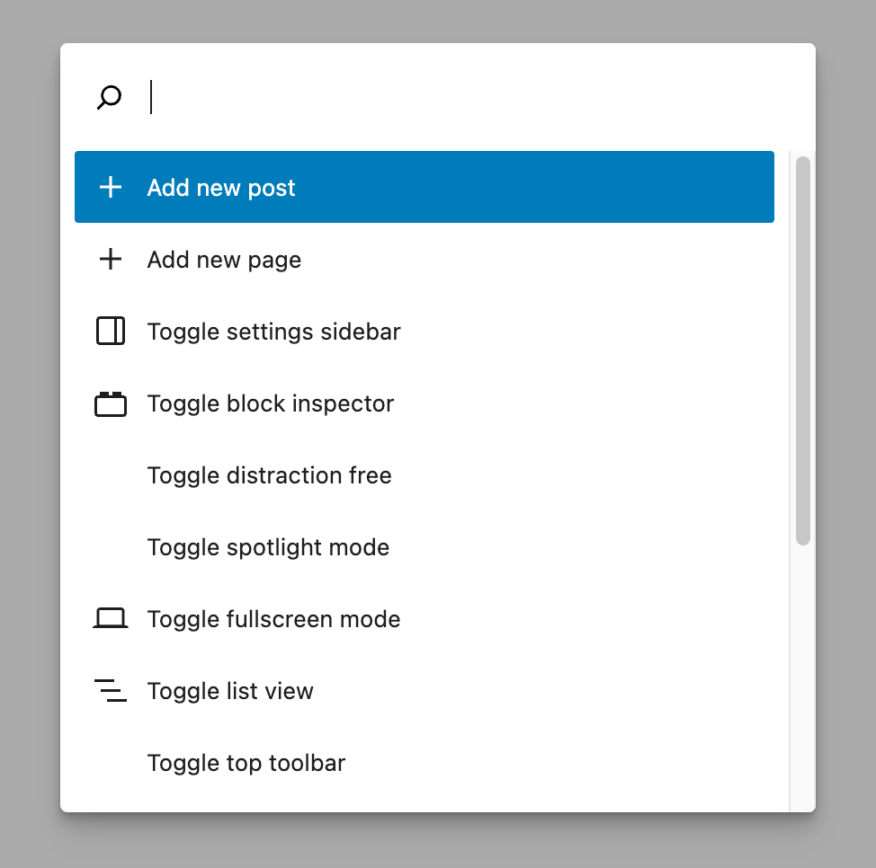 Screenshot of the refreshed Command Palette in WordPress