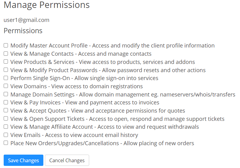 Client Area Select User Permissions