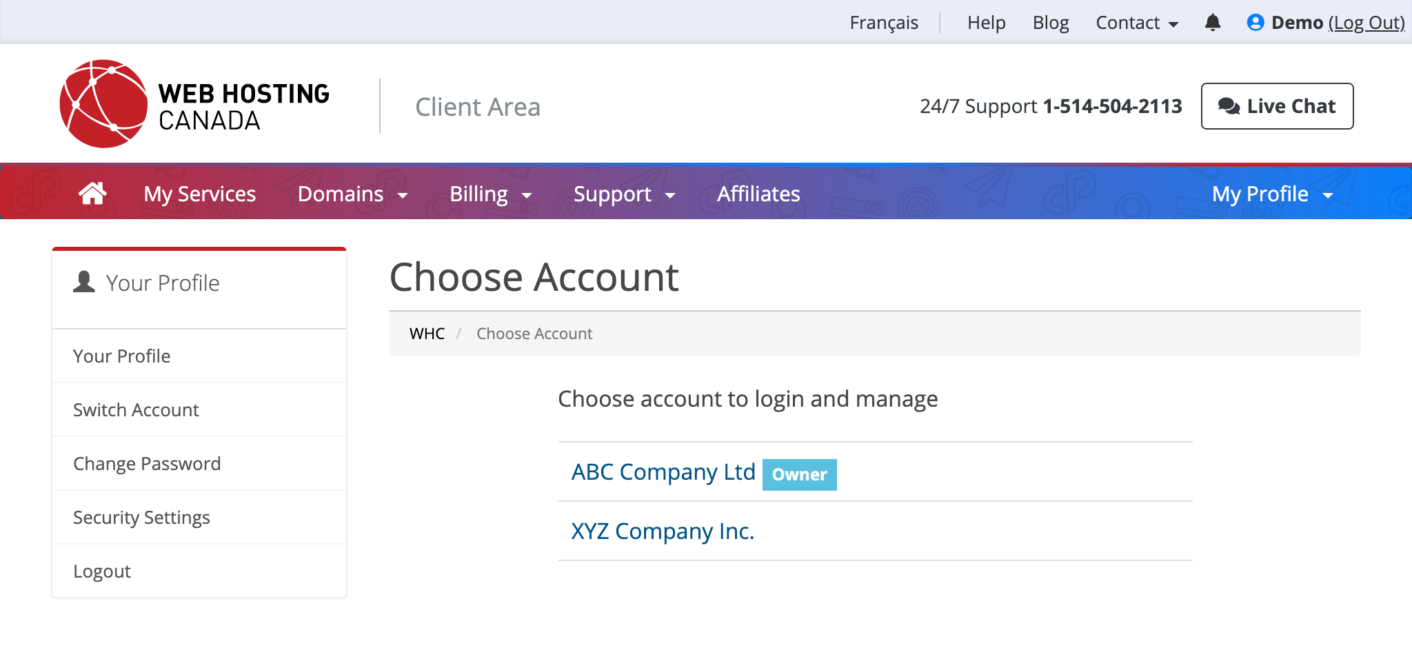 Client Area Switch Account